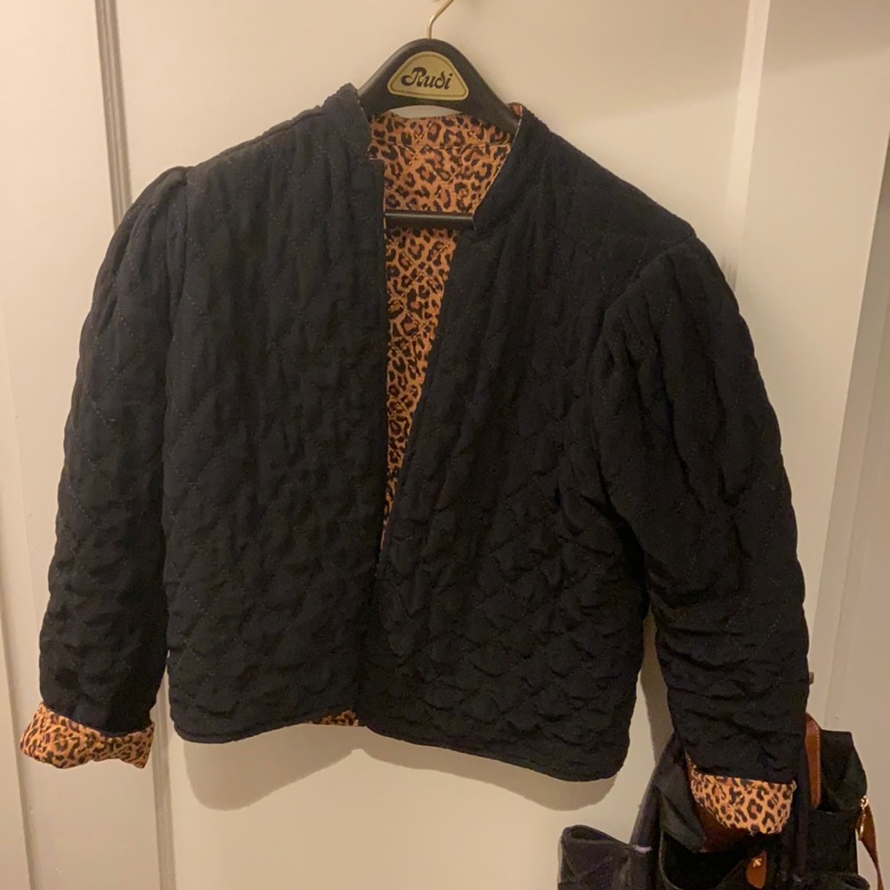 Something Navy Black Quilted Bomber Jacket with Leopard Print Lining